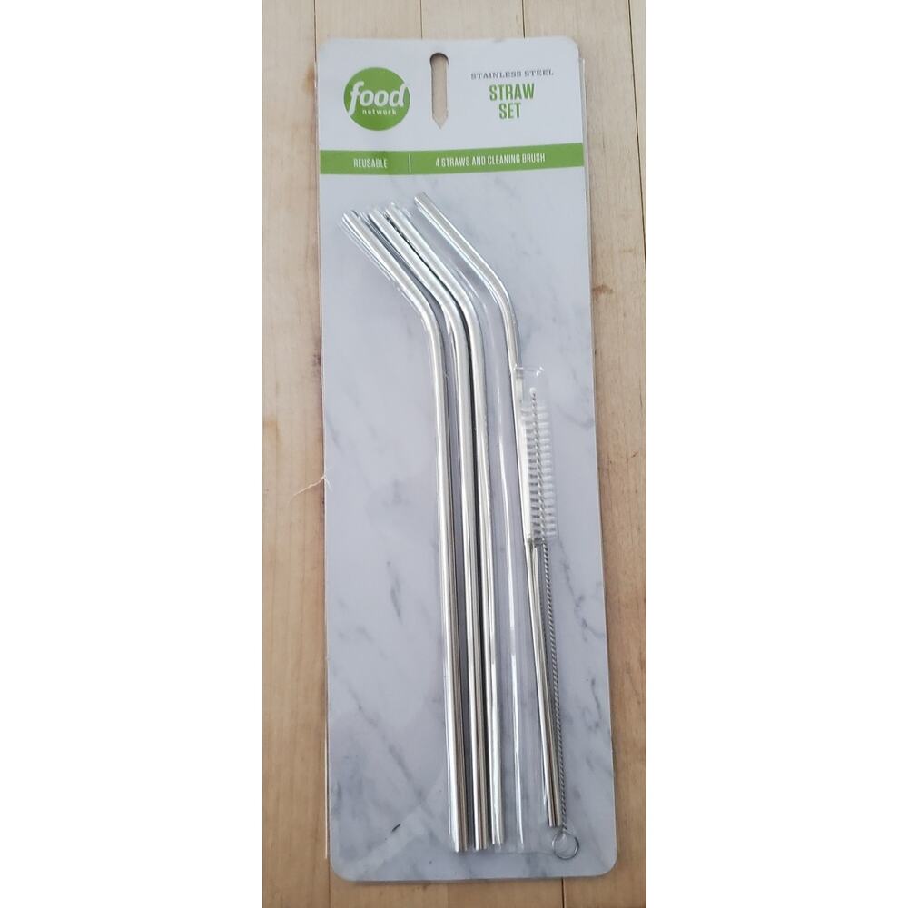 NEW Stainless Steel drinking straws Set of 4 with brush, Food Network
